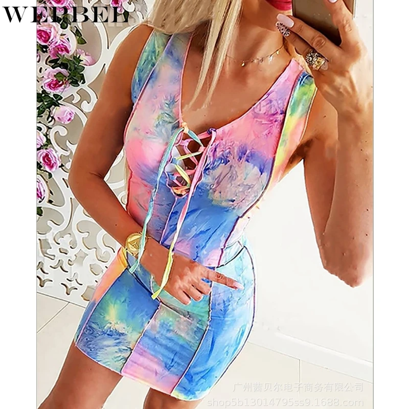 

Платье WEPBEL женское повседневное, облегающее модное платье без рукавов, с V-образным вырезом, с принтом и завязкой, с завышенной талией, с прос...