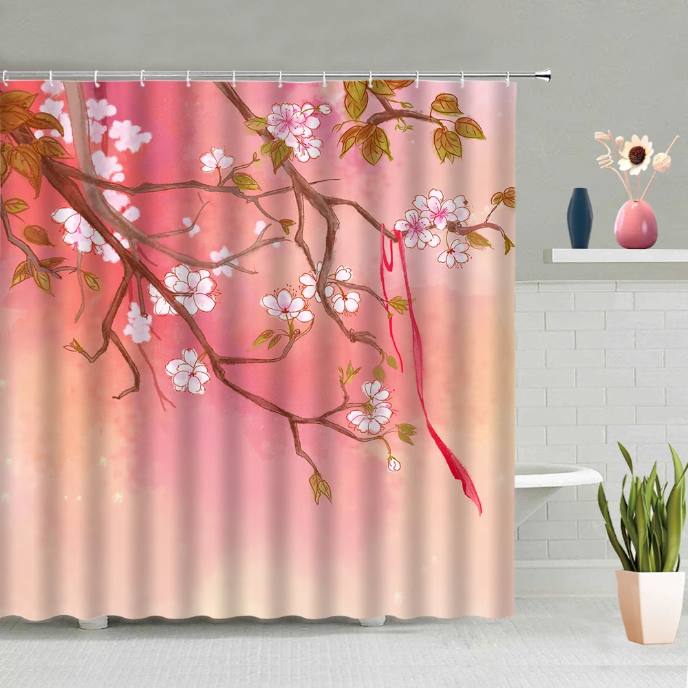 

3D Printing Shower Curtain Water Colors Flowers Green Leaves Background Bathroom Shower Curtains Hanging Washable With Hook Set