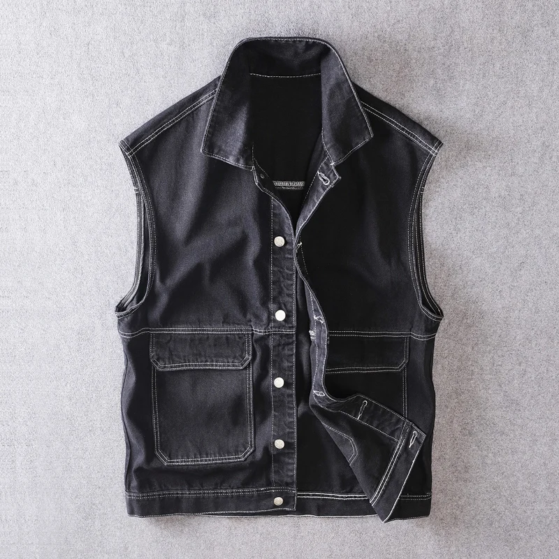 Fashion Streetwear Men Vest High Quality Casual Smart Overalls Cotton Denim Vest Hombre Big Pocket Sleeveless Angling Jacket Men