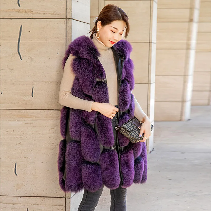 2021 New Real Fox Fur Vest Autumn Winter Jacket Stitching Fur Vest All-match Thin High Quality Purple Furry Thick Warm Coat 60cm