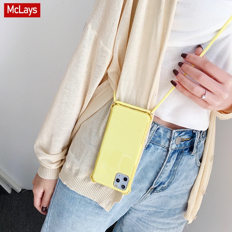 Simple Candy Color Phone Case For iPhone 11 Pro Max XR XS 7 8 Plus Soft Cover Shockproof case With Lanyard Shoulder Strap |