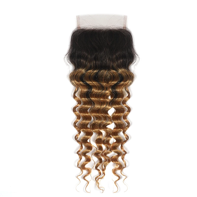 T1B/27 Ombre Blonde Bundles With Closure 4x4 SOKU Brazilian Deep Wave Human Hair Weave Lace Non-Remy | Шиньоны и парики