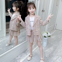 2021 girls spring autumn short skirt suit new double breasted plaid blazer jacket casual childrens clothing 4 16 years old