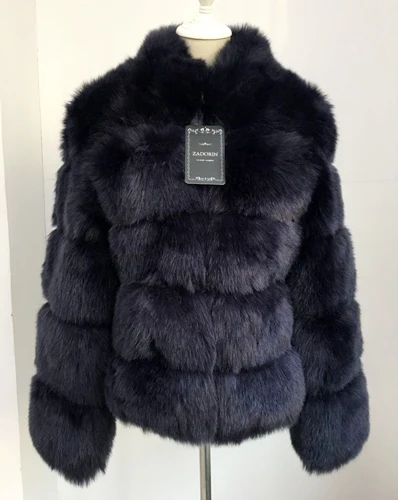 Navy blue ZADORIN новое зимнее женское пальто из искусственного лисьего меха, большие размеры, Женское пальто со стоячим воротником и длинным рукавом, куртка из искусственного меха, меховой жилет fourrure - Цвет: Navy blue
