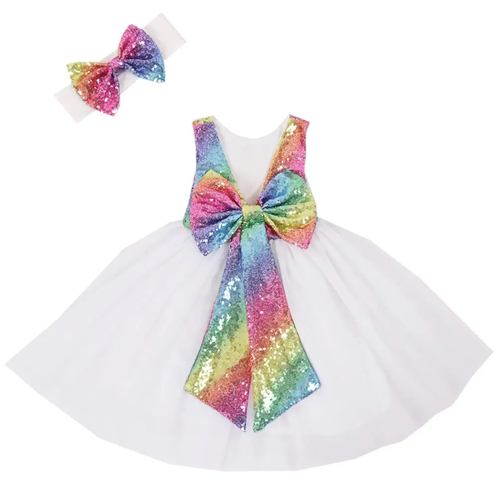 Rainbow White02 Модное платье с блестками для девочек платье принцессы с бантом детское платье с v-образным вырезом синее платье-пачка для свадебной вечеринки для малышей - Цвет: Rainbow White02