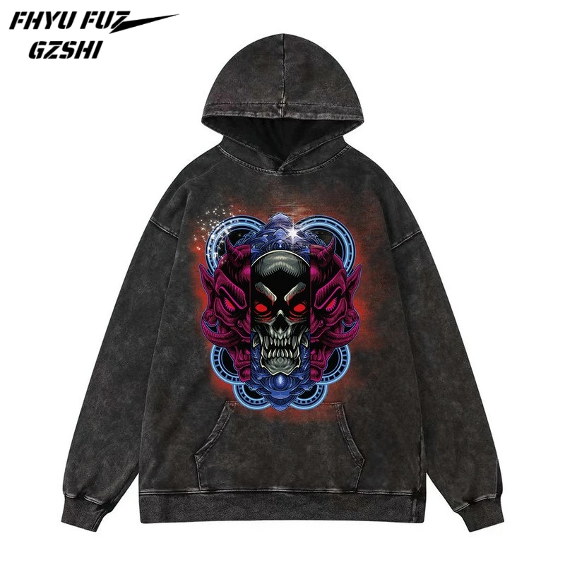 

Edgy Punk Distressed Washed Loose Pullovers Top Retro Streetwear Fear Printed Long Sleeve Hoodies Men Women WY11