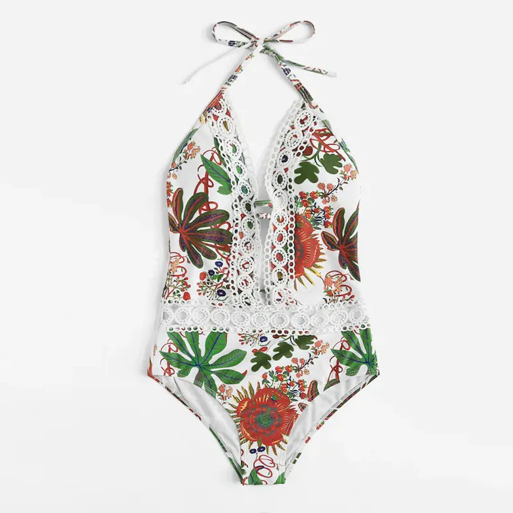Vintage Deep V sexy Printing Bandage cross 1-Piece Bikini Push-Up Pad Swimwear High waisted Botton Backless Beachwear купальник |