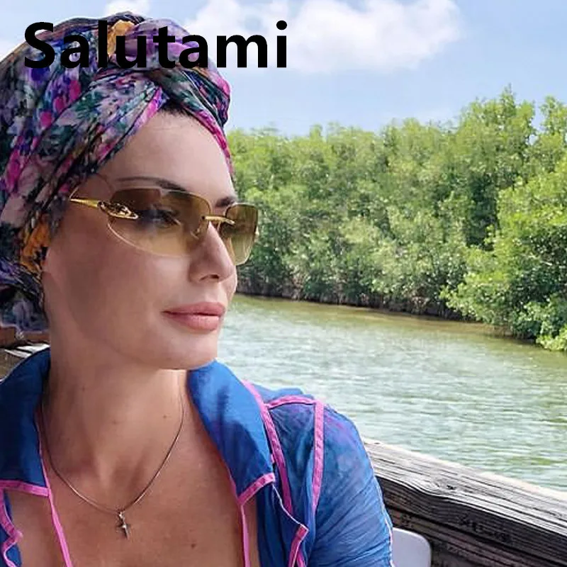 

2022 New Luxury Brand Alloy Rimless Leopard Sunglasses For Women Vintage Gradient Square Sun Glasses Men Retro Uv400 Pilot Shade
