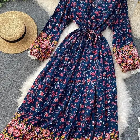 

Spring and Autumn New Women's Retro printing long dress unique elastic waist V-neck cotton elegant MIDI dress elegant Robes