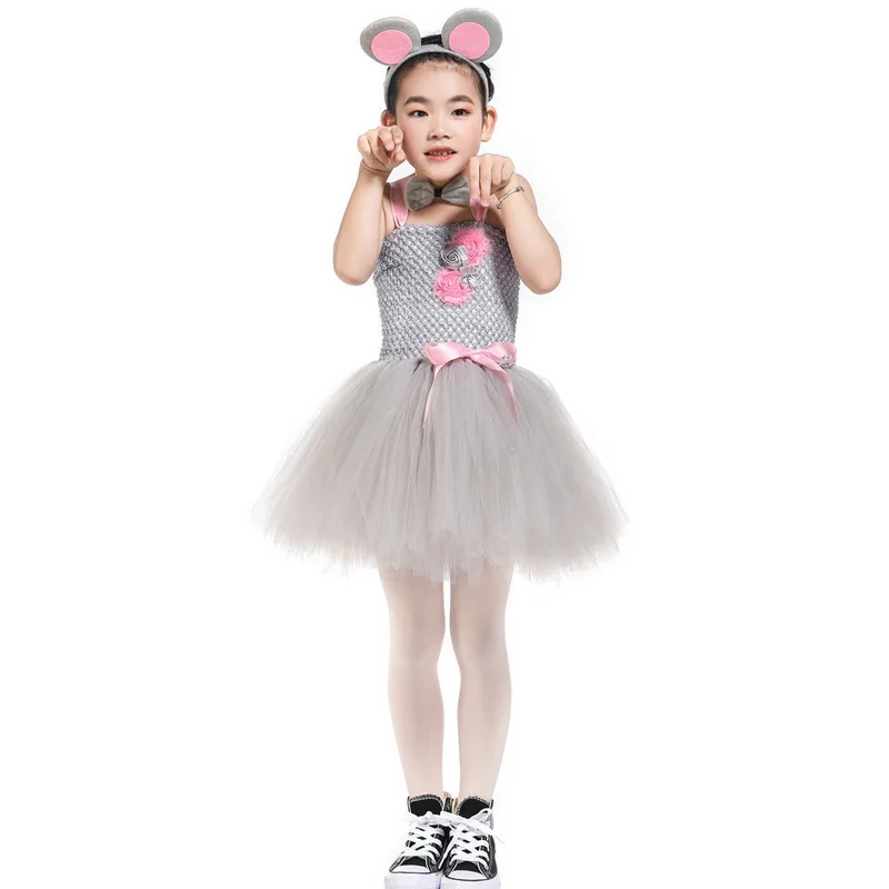 Дети животных костюмы для костюмированной вечеринки Мышь пачка хвост платье с