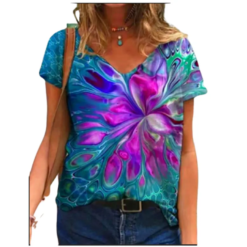 

New 2021 Summer Tops Oversized Ladies Tee Top Casual Short Sleeve V-neck Loose T Shirts Women 3d Butterfly Print Tops Plus Size