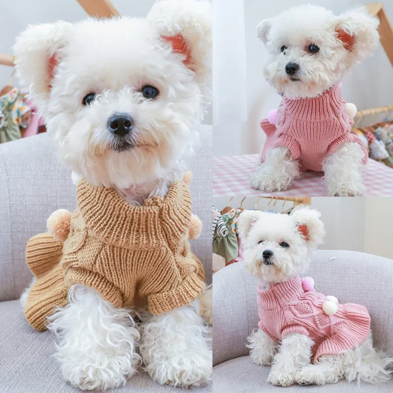 

Dogs Sweater Dress With Bowtie Checkered Dog Clothes For Small Dogs Warm Ball Sweaters Skirt Chihuahua Princess Dresses XS-XL