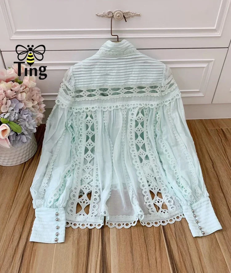 Tingfly Designer Runway Stand Open Collar Rivet Blouse Women Casual Full Lantern Sleeve Hollow Cut Out Shirt TopS Female Shirt
