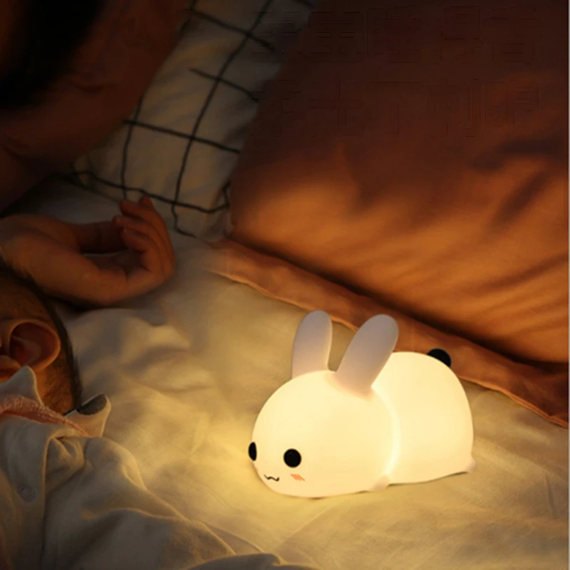 LED silicone rabbit night light USB charging double-color dimming patting lamp creative gifts cartoon children's | Лампы и