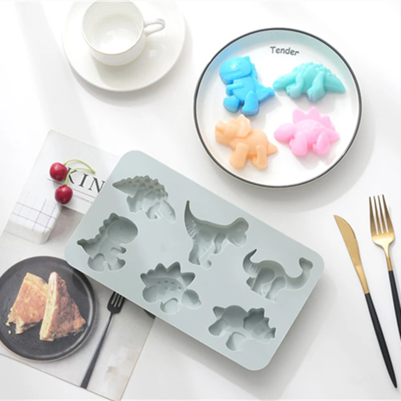 

6 Cavity Cute Dinosaur animal Silicone Cake Mold Chocolate Fondant Mould Cookie Cupcake Decoration Ice 3D Mold Tool brush
