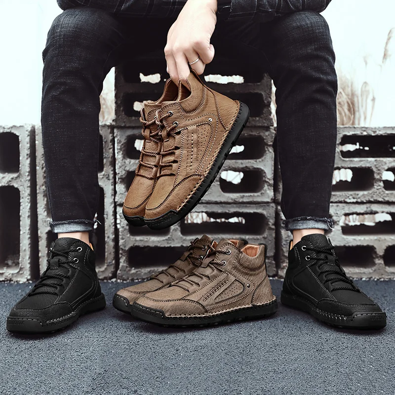 

2021 Leather Men Boots Casual Lace-up Flat Man High-top Shoes Winter Outdoor Warm Lining Vintage Street Shoes Big Size 38-48