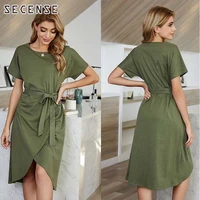 women solid bandage mini dresses new solid color high waist irregular short sleeved o neck asymmetrical dress mid length summer
