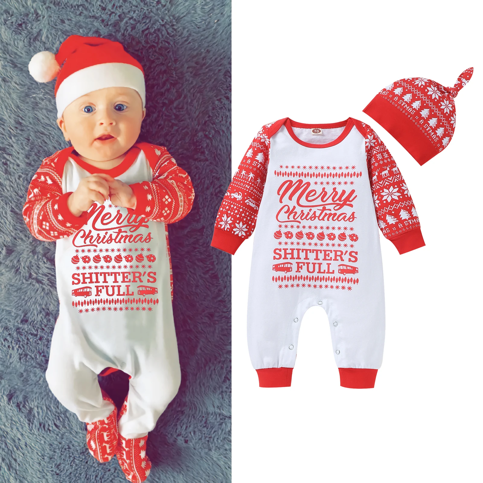 

2021 Christmas Two-piece Clothes Set Red Round Collar Long Sleeve Jumpsuit And Cap Children's Clothing Set Winter Kids Romper