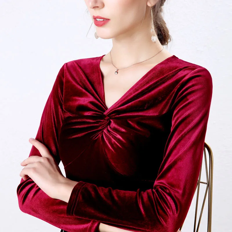 Autumn Woman Bottom Shirt Velvet Retro V-neck 2020 New Slim Long Sleeve Womans Shirts Bottoming Red Black Green | Женская одежда
