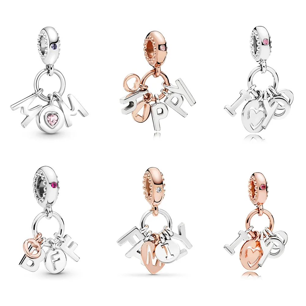 

925 Sterling Silver Beads Letter Happy Mom Family I Love You Pendant For Women Pandora Charms Original Bracelet Necklace