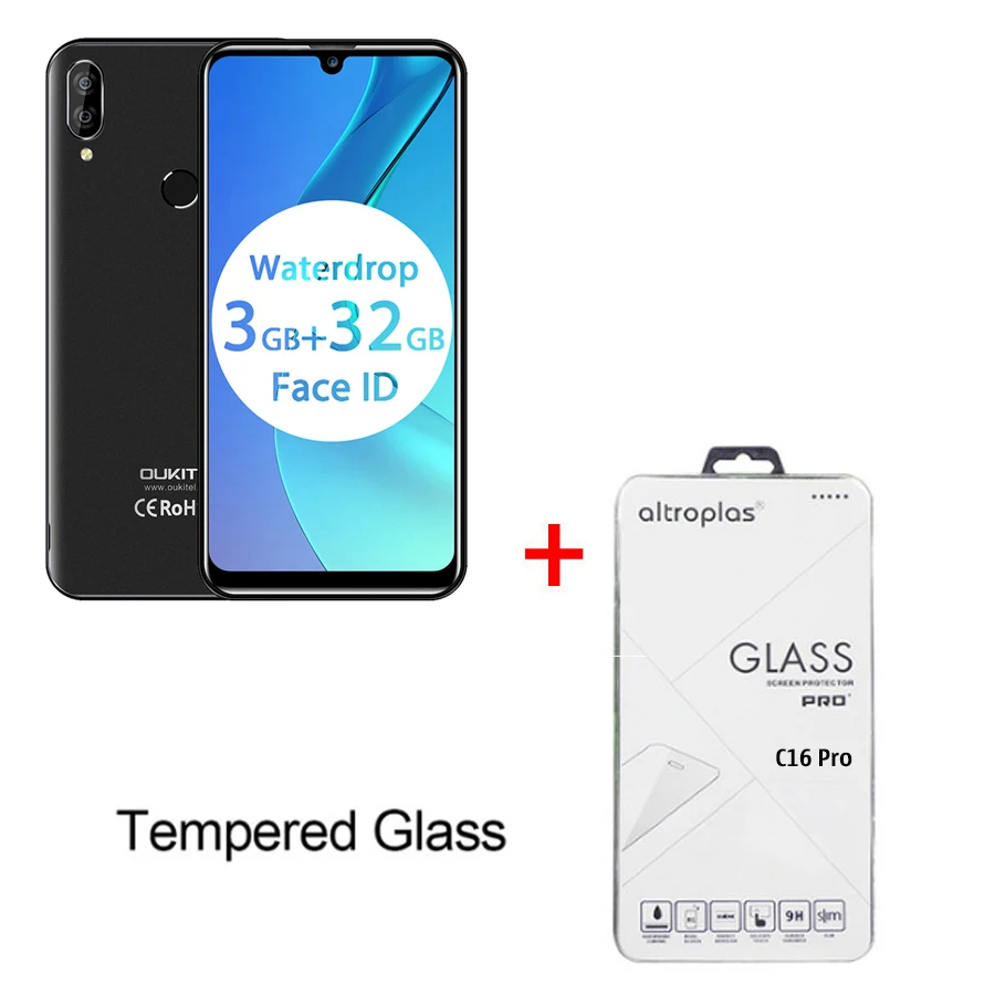 Black N Temper Glass OUKITEL C16 Pro 5,71 ''Android 9,0 19:9 MT6761P 3 ГБ 32 ГБ смартфон отпечаток пальца Лицо ID капля экран 5 В/1A 4G мобильный телефон - Цвет: Black N Temper Glass