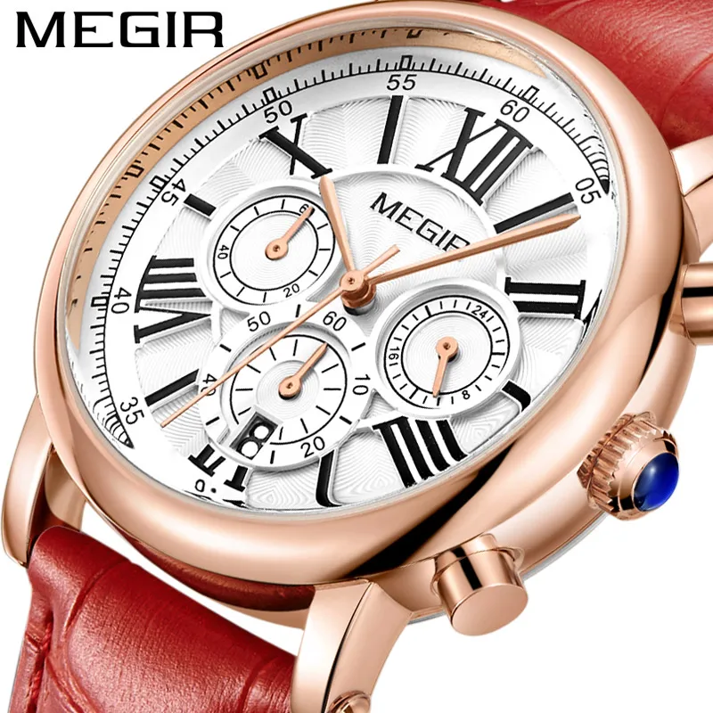 MEGIR женские наручные часы для влюбленных Топ люксовый бренд Хронограф Дата в