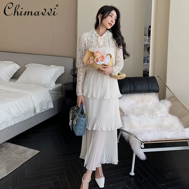 

2021 Autumn New High-End Lace Stitching Long-Sleeved Dress French Retro High Waist Slimming Elegant Tiered-Ruffle Maxi Dress