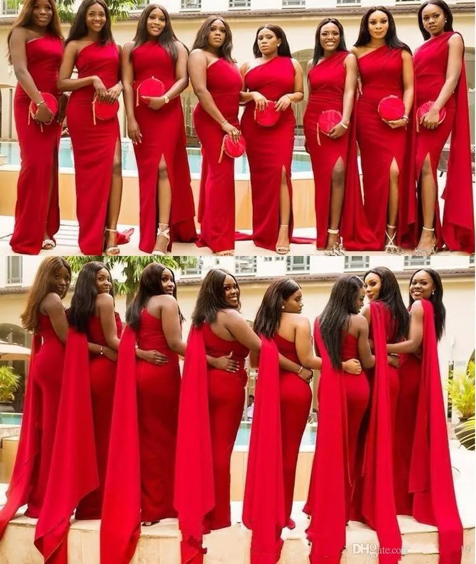 

Cheap Red Mermaid Bridesmaid Dresses Long Side Split Floor Length Long Wedding Guest Dress Formal Maid of Honor Gowns