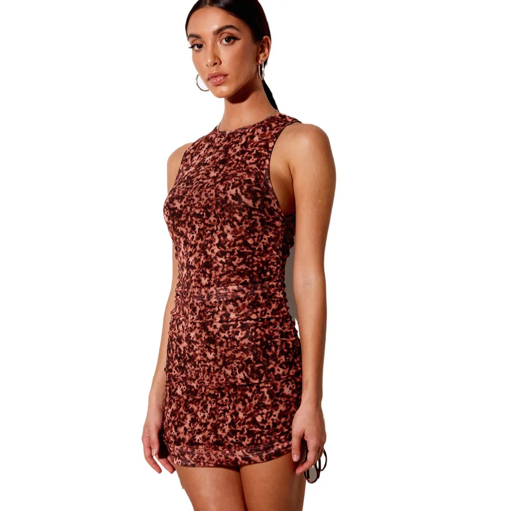 

Summer Sleeveless Round Neck Slim Wrapped Hip Print A-Line Dress Women Casual Off Shoulder Drawstring Mini Bodycon Lady Dress
