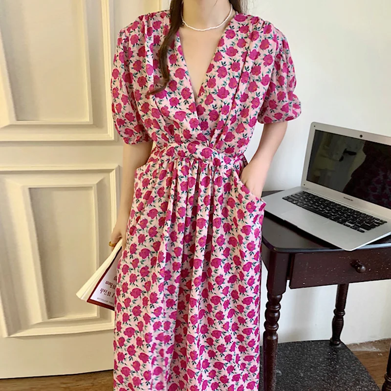 Женское платье с V-образным вырезом длинное плиссированное цветочным принтом