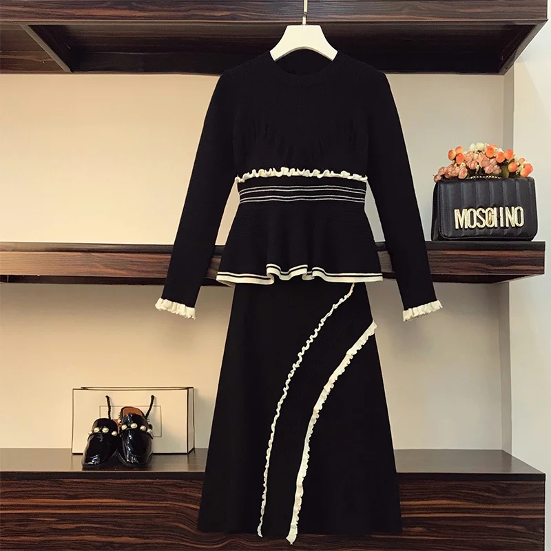 Осенне-зимний женский вязаный костюм пуловер свитер и Юбка До Колена с высокой