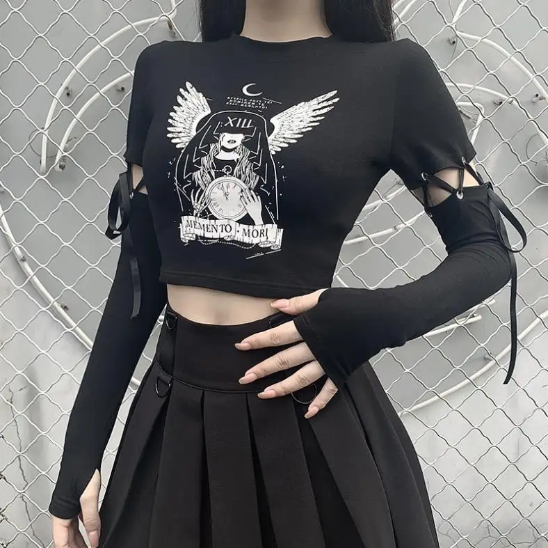 

Harajuku Y2K Black T-Shirt Vintage Graphic Print Hollow Out Crop Top E-girl Gothic Streetwear Women Long Sleeve Basic Top