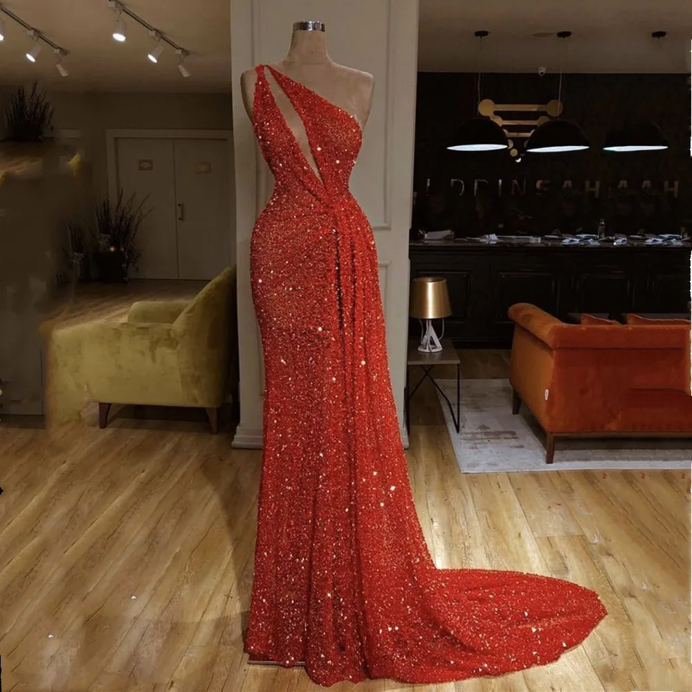 

Sparkly One Shoulder Long Prom Dresses Sexy Red Mermaid Prom Gowns Custom Make Party Dresses Vestidos De Gala