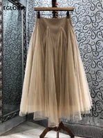 ball gown skirt 2021 spring autumn fashion style women sexy tulle mesh patchwork mid calf length blue apricot casual basic skirt