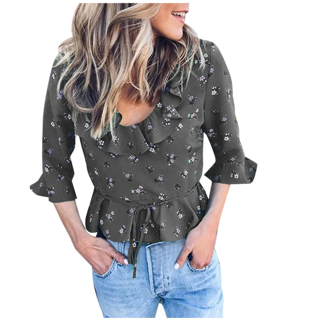 Blusas mujer de fashion 2019 женская блузка с круглым вырезом и рукавом 3/4 оборками редкие