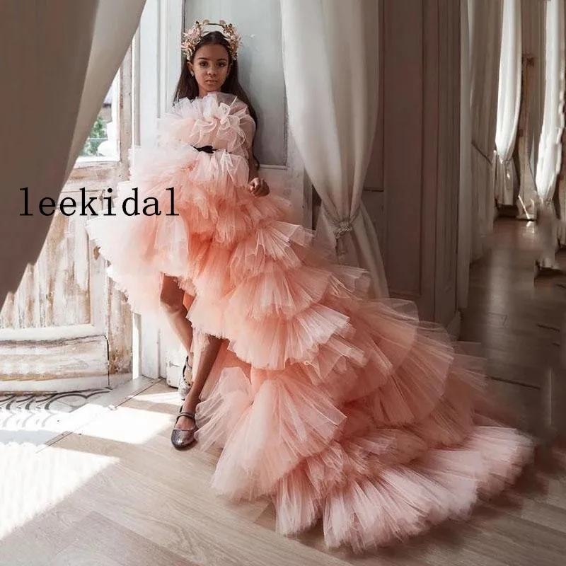 

High Low Tiered Tulle Girls Pageant Dresses Long Layered Flower Girls Dress Blush Pink Ruffles Kids Birthday Gowns Vestidos