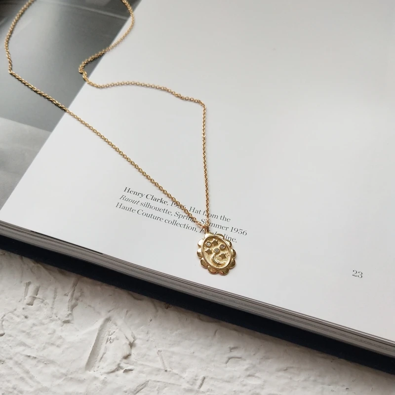 

925 Sterling Silver Oval Round Small Star Moon Pendants Necklace Trendy Element Design With Tiny Rhinestone Crystal Necklace