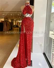 Женское вечернее платье-русалка, красное вечерние с высоким воротом, украшенное бисером, для выпускного вечера, 2021