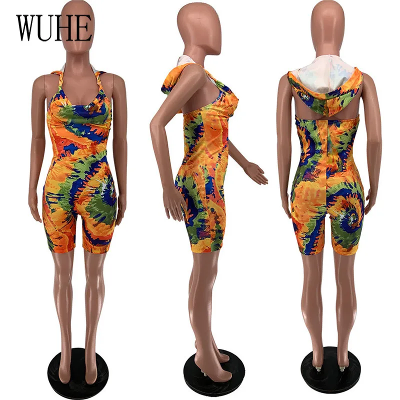 

YEYA Tie Dye Print Playsuits Sleeveless Open Back Sexy Hollow Out Package Hip Off Shoulder Skinny Nightclub Streetwear Overalls