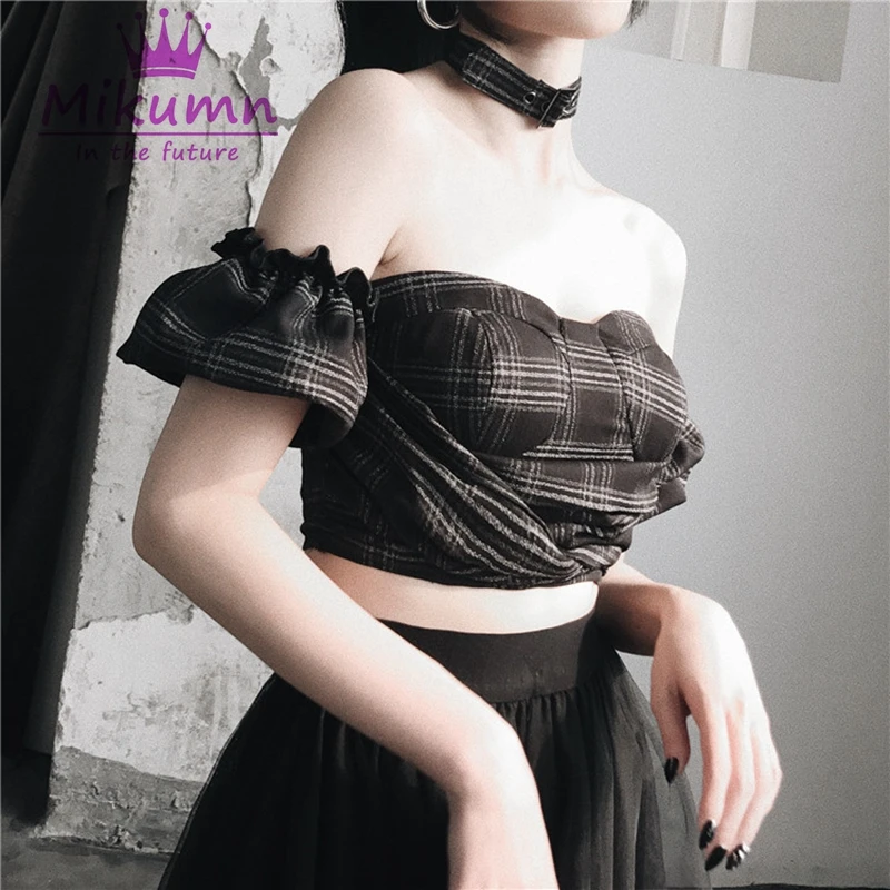 Женский Готический корсет в шотландскую клетку черно-серый укороченный с