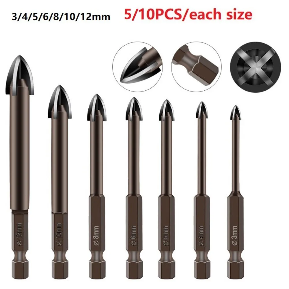 

10pcs 3/4/5/6/8/10/12mm Drilling Bit Cemented Carbide Cross Angle Polishing CNC Cutting Glass Tile Hand Drill Bench Drills