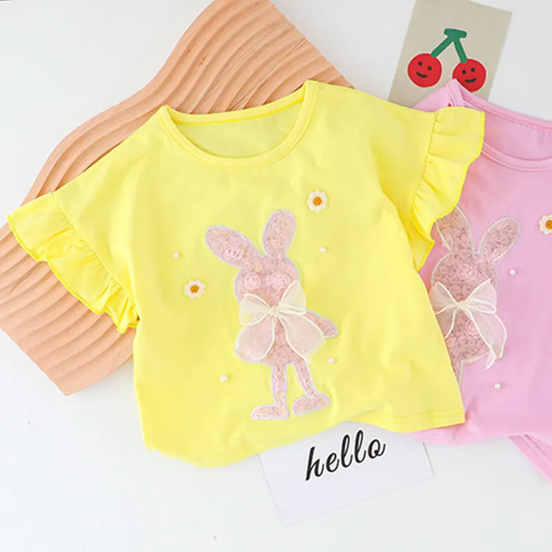 

2021 children's summer short-sleeved T-shirt cartoon two-piece girl cute bunny decoration set