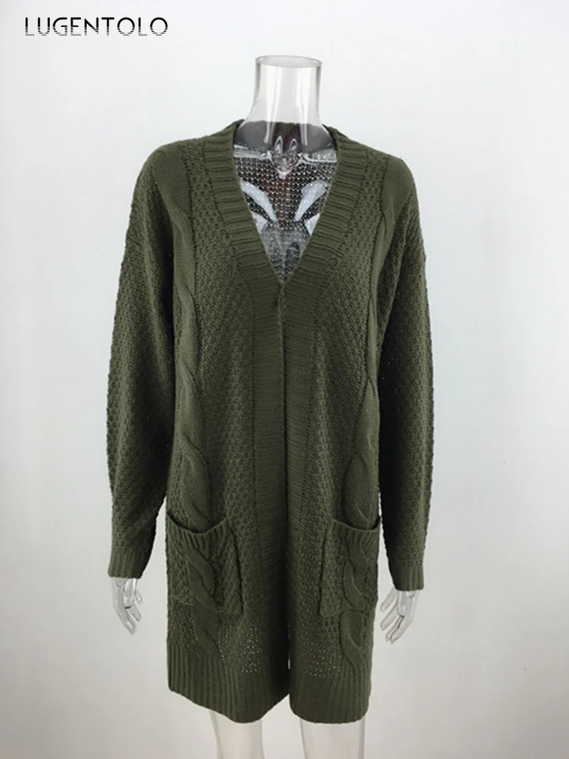 

Lugentolo Women Knitted Sweater Autumn Winter Loose Cardigan Twisted Solid Pocket Casual Lady Plus-size Long Sweater