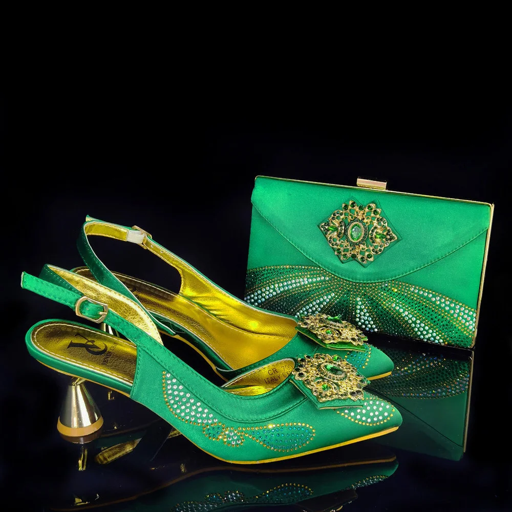 

Peep Toe Sandals Decorate with Rhinestone Newest Design Italian Ladies Shoes Matching Bag Set in Dark Green Color for Party