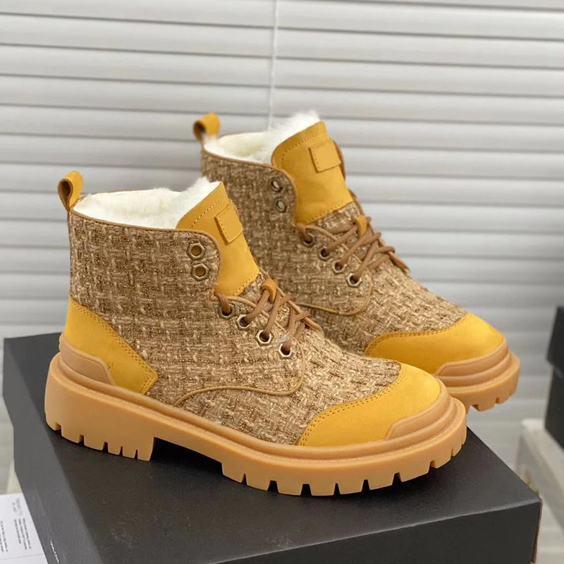 

Winter Classic 2021 New Women's Flax Weave Splices Nubuck Leather Wool Lace Up Female Casual Rubber Sole Ankle Snow Boots Shoes