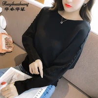 2020 spring autumn womens knit pullover batwing shirt Hollow out long-sleeve One word collar neck sweater female sweaters