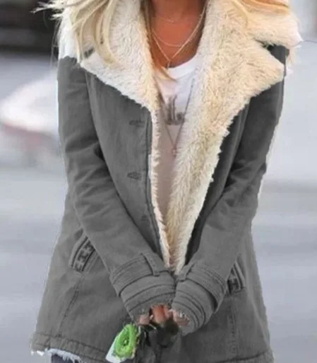 Women 's Clothing Autumn and Winter Plus Velvet Thick Warm Cotton Jacket Solid Color Long Sleeve Coat Female