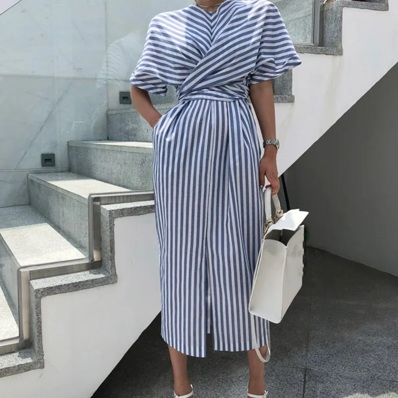 Корейское женское летнее хлопковое синее Полосатое Бандажное длинное платье с
