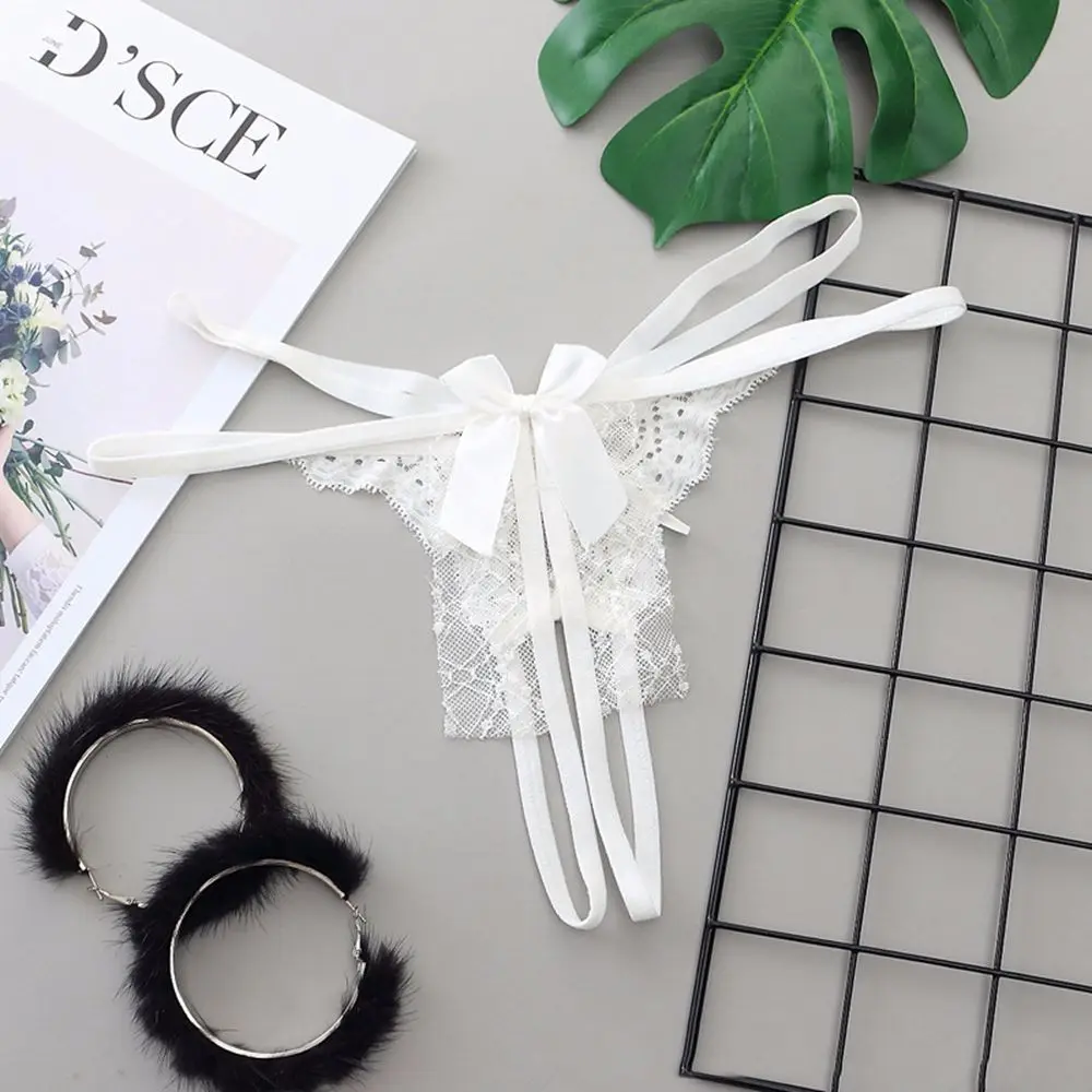 

Ultra-thin Korean Low Waist Open Crotch Mesh Bandage Lace Strappy Panties Bow Briefs Women Intimates See-through Thong