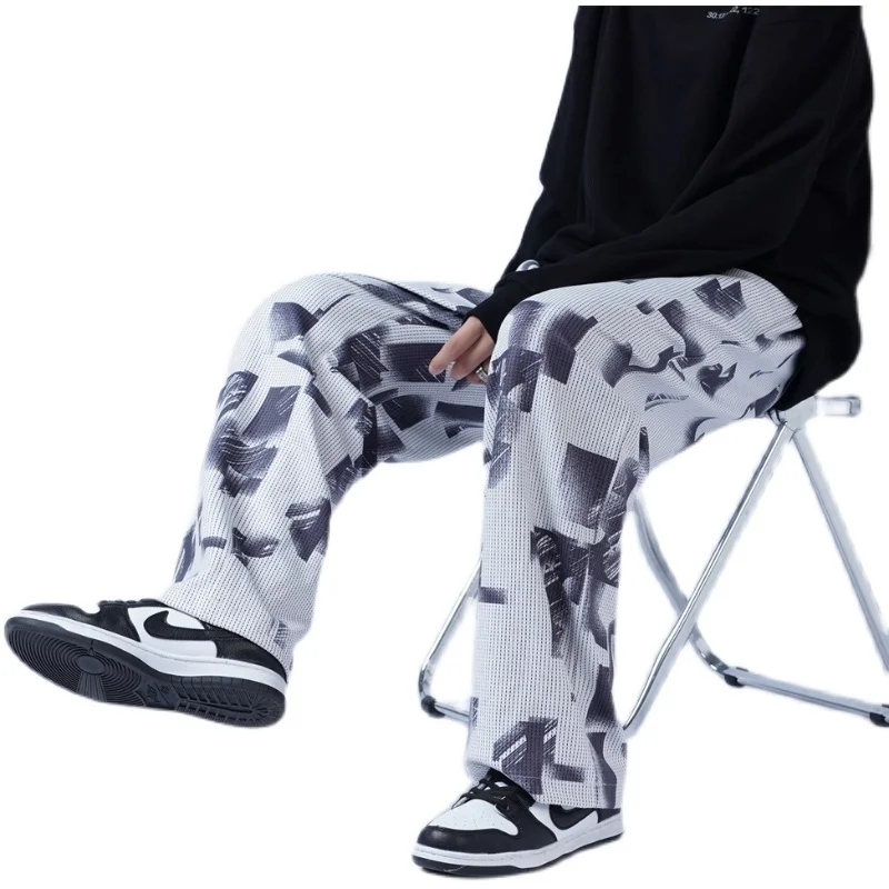 

Summer Thin Casual Pants Men's Fashion Black White Straight Pants Men Streetwear Loose Breathable Wide-leg Pants Mens Trousers